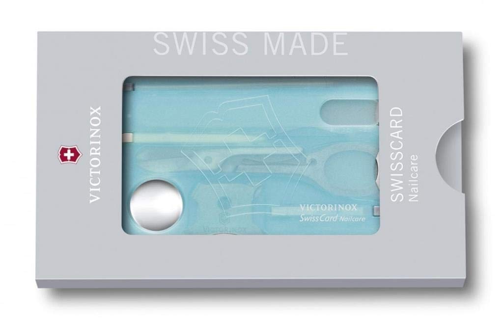 VICTORINOX Swiss Card Nail Care Ice Blue Transparent Glass Nail File with 13 Disaster Emergency Compact Scissors, Functions, Preparedness,