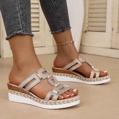 Модные женские тапочки 2025 Новые повседневные сандалии с блокировкой цвета Уличные тапочки из мягкой кожи на толстой подошве на танкетке Плетеные соломенные туфли Шлепанцы женские