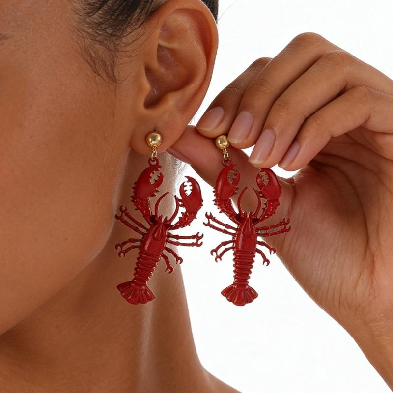Gold Red Lobster Charm Earrings Zinc Alloy Stainless Steel Studs Women Beach Vacation Ocean Style Fashion Jewelry