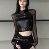Женский черный кроп-топ с длинным рукавом и сетчатыми вставками - Стильный, Шикарный, Приталенный для осени