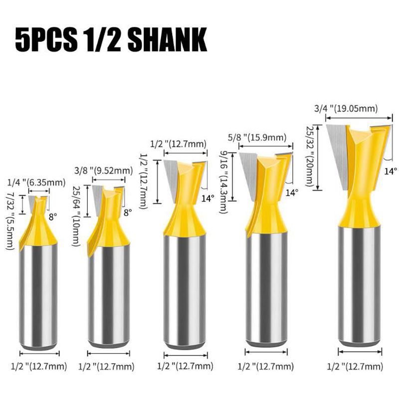 Набор из 5 шт. 12 мм 1/2-дюймовых хвостовиков для соединения «ласточкин хвост» 14 градусов для деревообработки, гравировки, фрезы для дерева