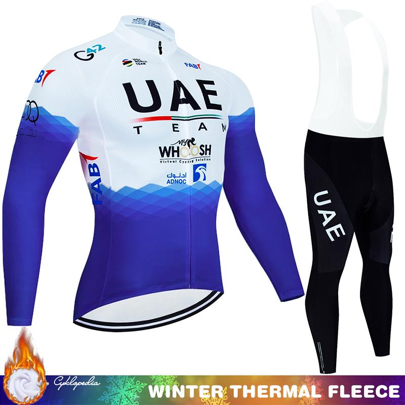 Мужской зимний комплект для велоспорта Team UAE с термофлисом - джерси с длинным рукавом и брюки-бибсы с подкладкой