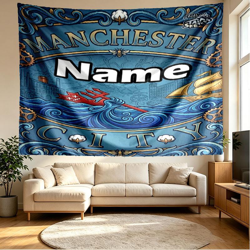 Custom Name Personalized Manchester City Print Tapestry, Wall Art Decor, Bedroom, Dorm, Apartment, LivingRoom, Party Backdrop, Gift for Birthday