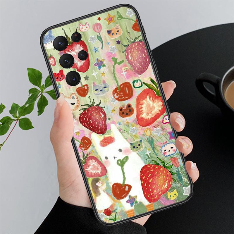 Phone Case For Samsung A17 A55 A16 A56 A35 A15 A53 A54 A33 A34 A25 A05S A52 A52S A07 A26 A06 Strawberry Cat Cartoon