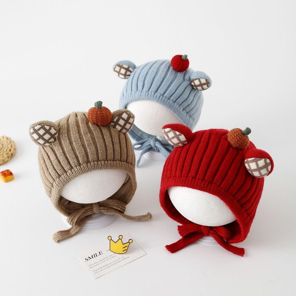 Knitted Infant Knit Hat with Plaid Ear Details Earflap Beanie New Baby Bonnet Baby Winter Wear