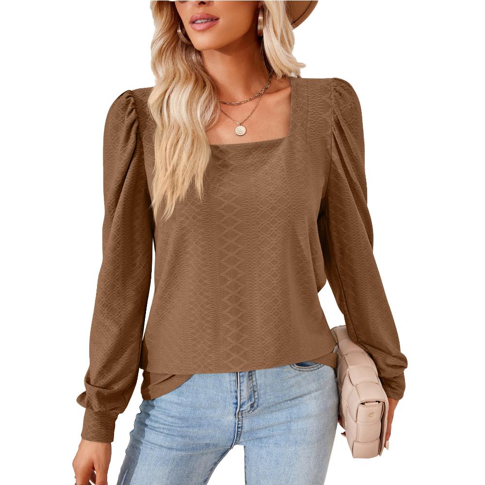 Весенне-осенняя женская блузка с квадратным вырезом, однотонный плиссированный свободный топ с длинными рукавами