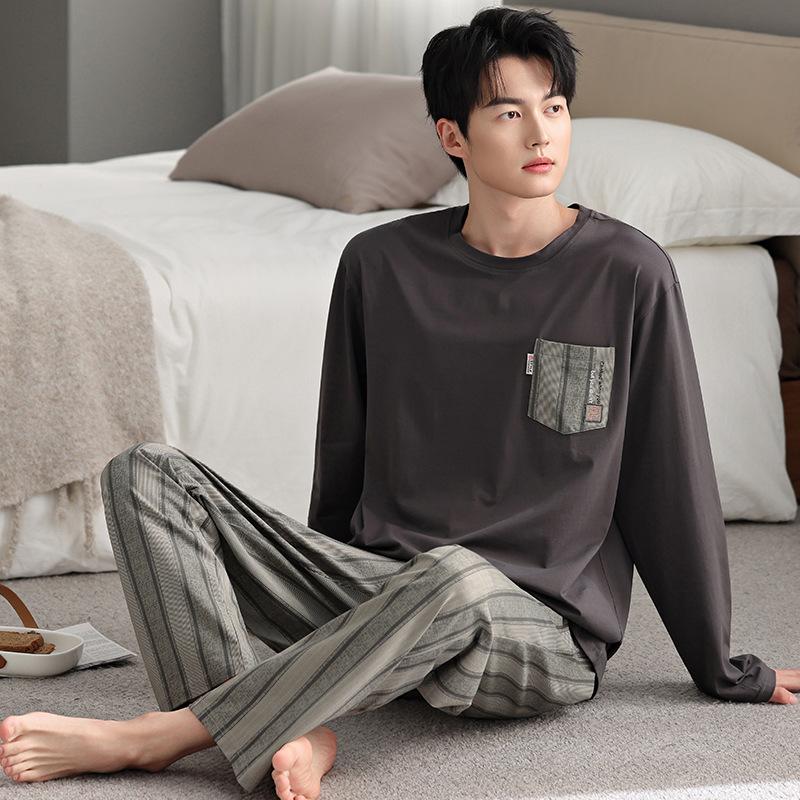 Pajamas Men's Spring and Autumn Cotton Long Sleeve Teen Men's Autumn Thin Casual Can Wear Autumn and Winter Loungewear