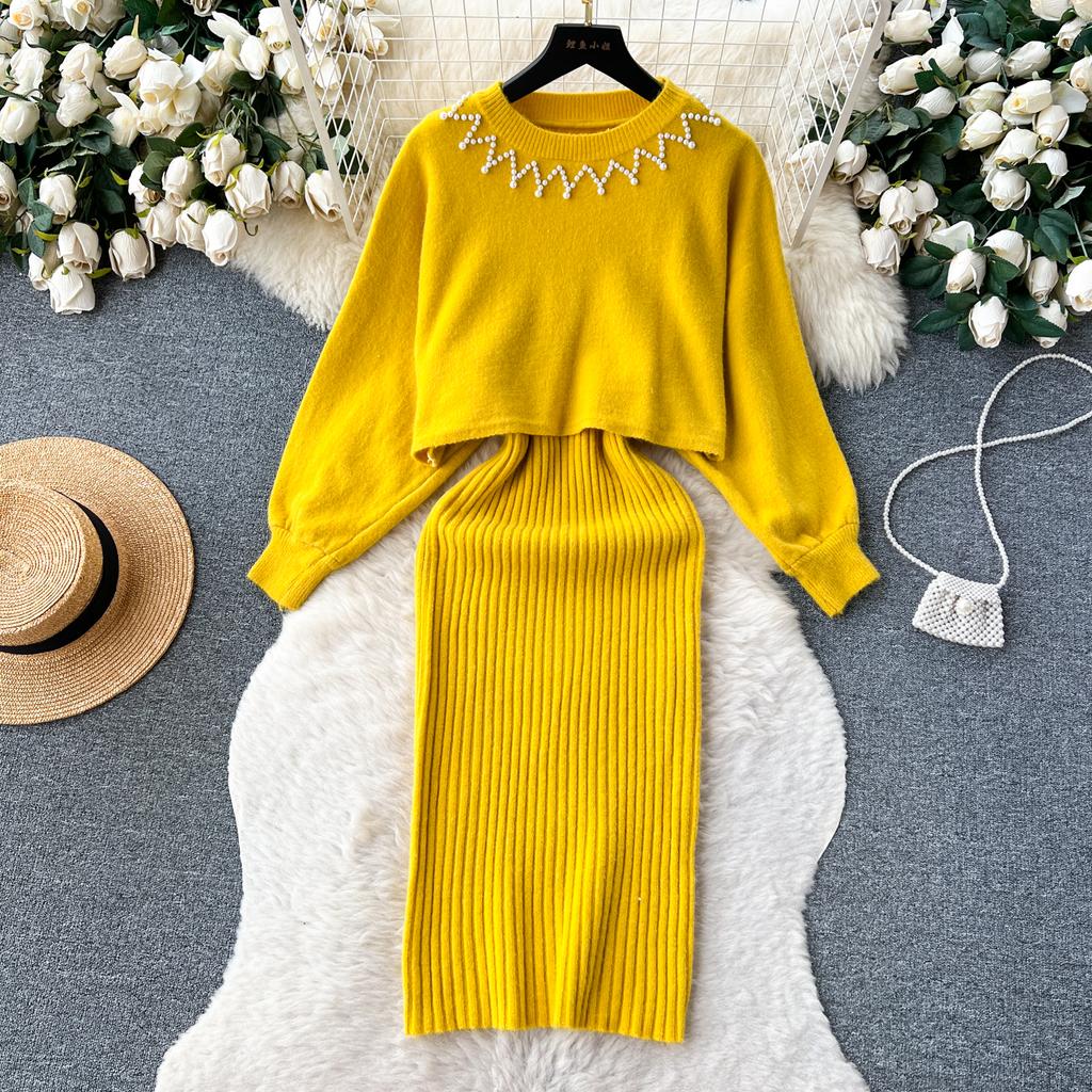 Осень-зима женский элегантный вязаный свитер комплект из двух предметов женский тонкий облегающее платье-футляр и пуловер с бисером топы костюм