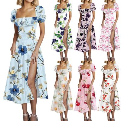 Женские летние модные платья с цветочным принтом, завязками на груди, высокой талией, рукавами-фонариками и разрезами на талии