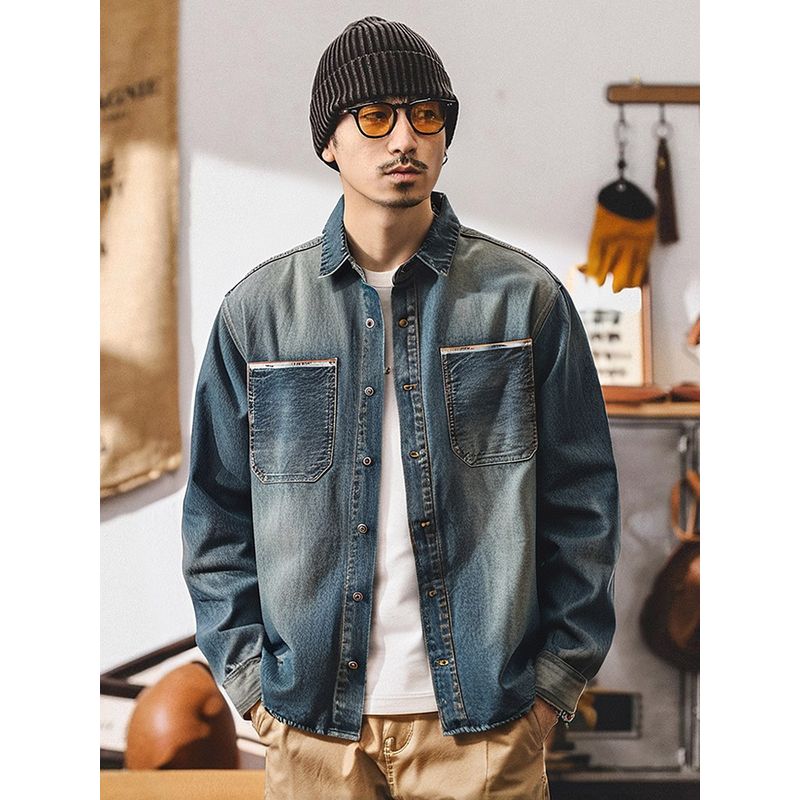 American Retro Heavy Weight Parka Denim Shirt Jacket Bandage Dress Inner Wear Men Long Sleeves Autumn and Winter Foreign Trade Men's Shirt