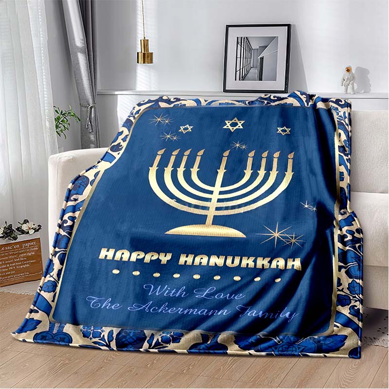 Jewish Hanukkah Golden Menorah Dove Star Of David Vintage Blue Red Border Print Soft Flannel Throw Blanket Warm Sofa Bed Decor Cover For Holiday Fans