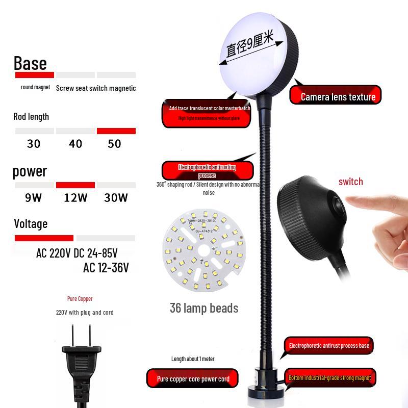 220V LED Work Light with Magnetic Base for Lathe, Punch Press, Injection Molding, and 24V Equipment