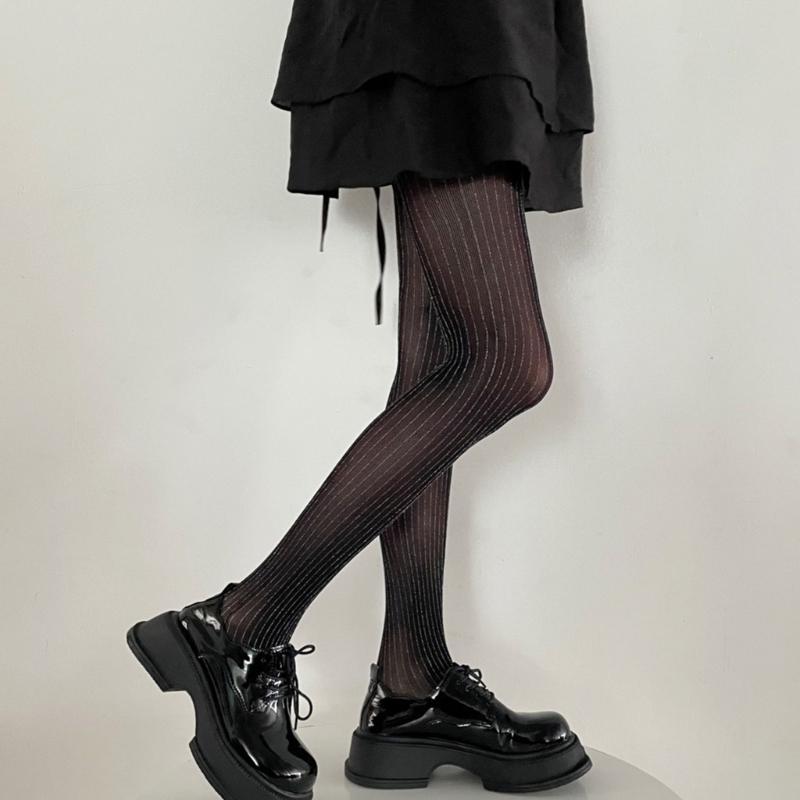 Women Thin Colored Stockings Shimmering Striped Sexy Semi Sheer Pantyhose Tights