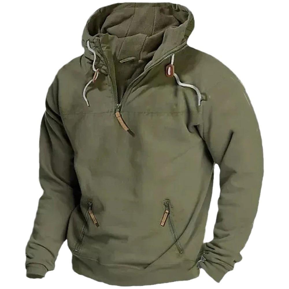 Spring Autumn Mens Solid Vintage Hooded Sweatshirt Sports Tactical Hoodies Half Zip Tracksuit Casual Sweatshirts Male Coats