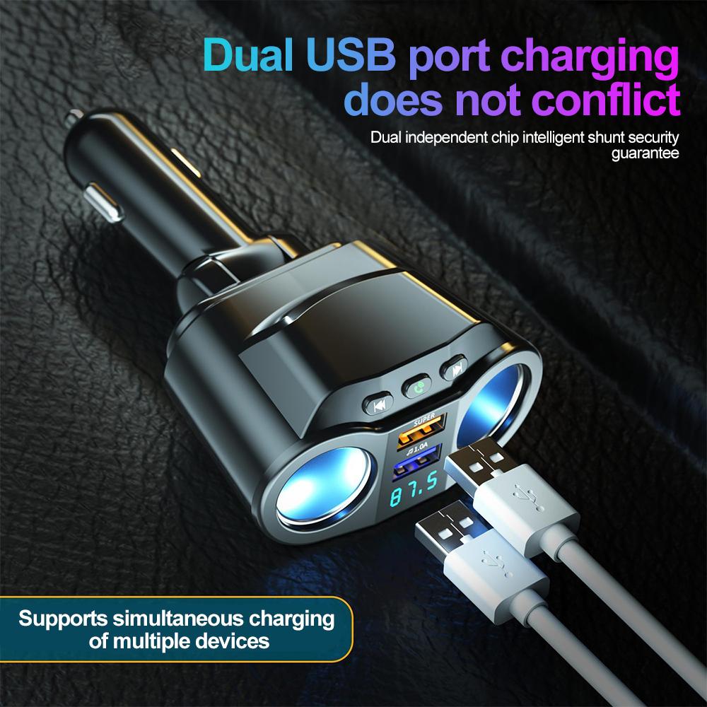 Car Cigarette Lighter Splitter Car Charger Dual USB Quick Charger Socket 12V/24V Bluetooth Hands-free Call Auto FM Transmitter