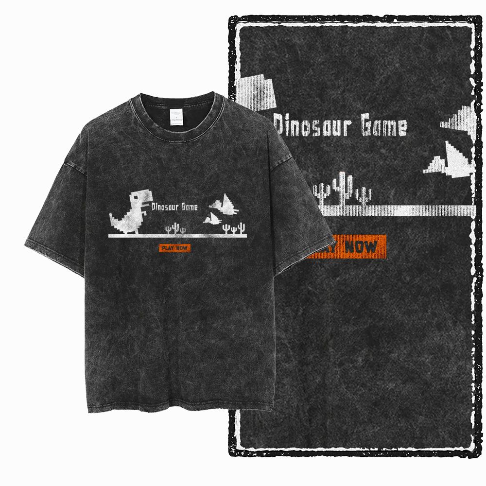 ZH DINO GAME THEME Printed Cotton Acid Washed Exclusive Graphic Unisex T Shirt Cool Streetwear Men Tshirts Big Size Tee for men