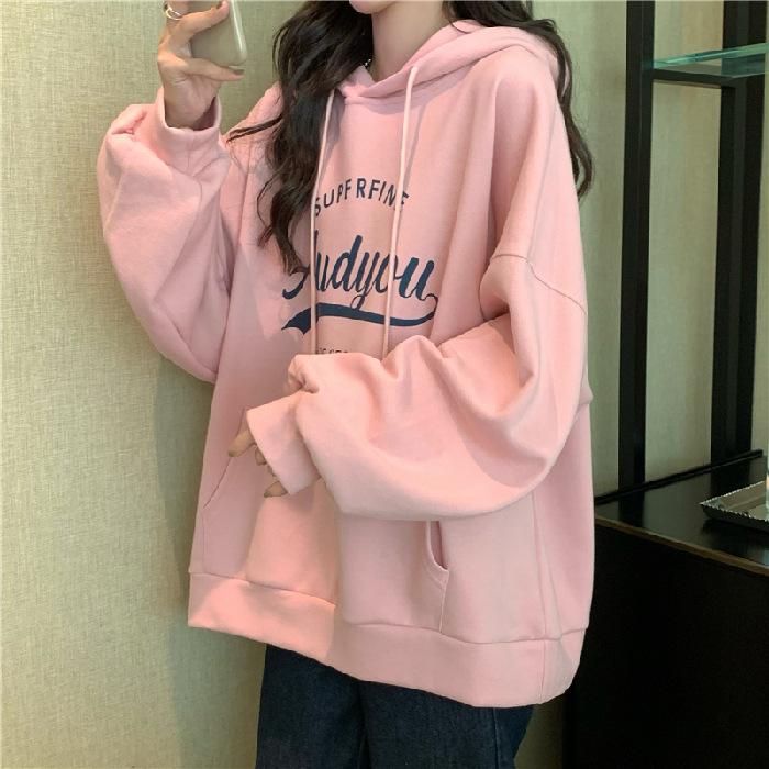 Утепленный Даже Кепка Свитер Толстовка с капюшоном Женская Осень и Зима Свободная с принтом букв Студенческая куртка Топ с длинным рукавом Ретро Универсальная толстовка