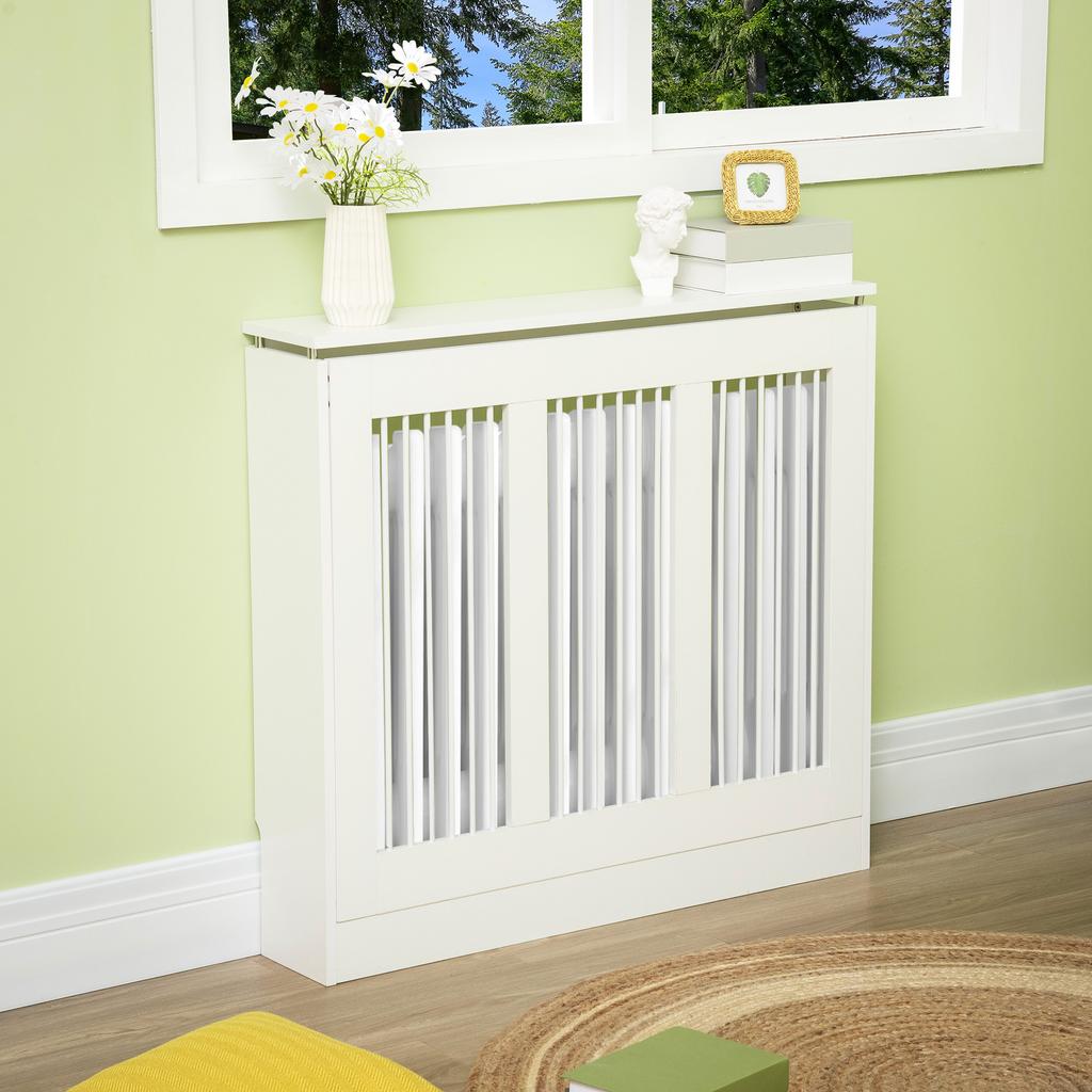 Slatted Radiator Cover, Modern Radiator Cover with Anti-Tip for Living Room, Hallway, Office, in MDF and Steel, 90x18x84cm, White