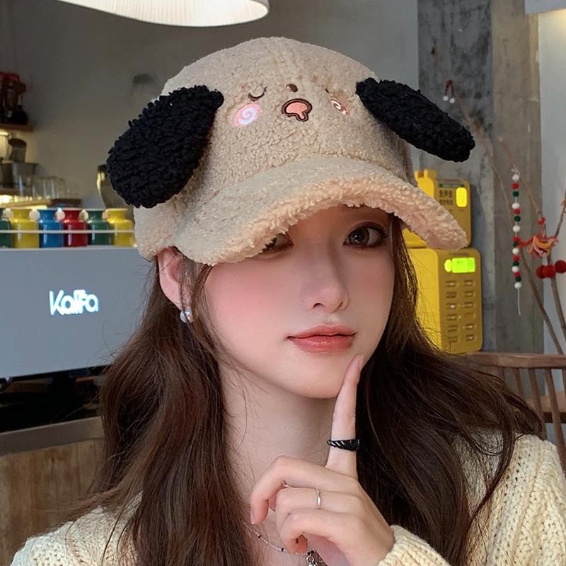 Cute cartoon puppy lamb wool cap children autumn and winter thickened warm versatile face small baseball cap