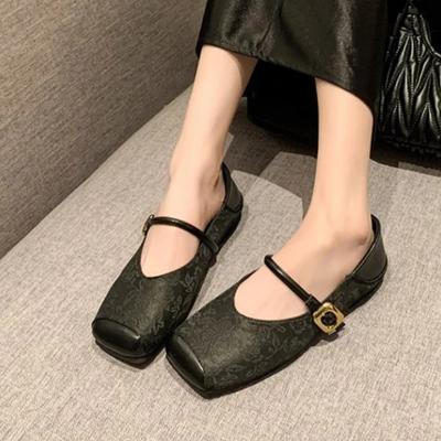 Тапочки повседневные неглубокие тапочки женские квадратные носки роскошные 2024 плоские хлопковые ткани осенние туфли Мэри Джейн из резины и полиуретана неглубокие