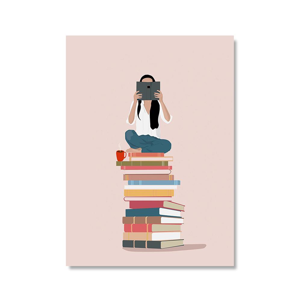 Nordic Posters Woman Reading Book Coffee Abstract Wall Art Print Canvas Painting Decor Cat Laundry Art Pictures For Living Room