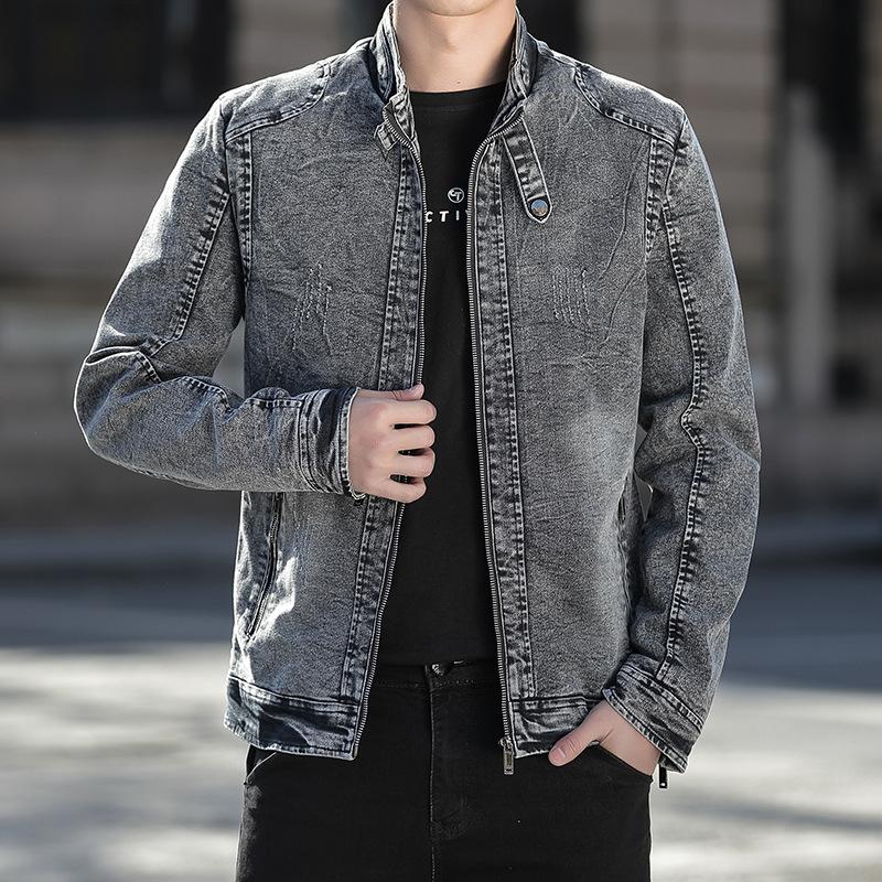 Мужская повседневная джинсовая куртка, однотонное пальто с воротником-стойкой