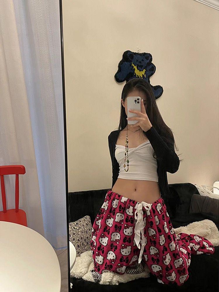 Женские брюки с широкими штанинами и мультяшным принтом на лето 2023 года – Свободный, универсальный стиль BF с эластичной талией для повседневной носки