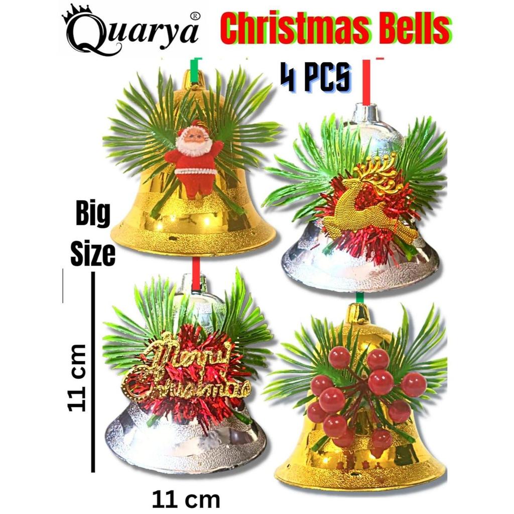 (Set of 4 Big Size) Christmas Decoration Golden Silver Bells Combo Merry Christmas Decorative Items for Xmas Santa Hanging Bells