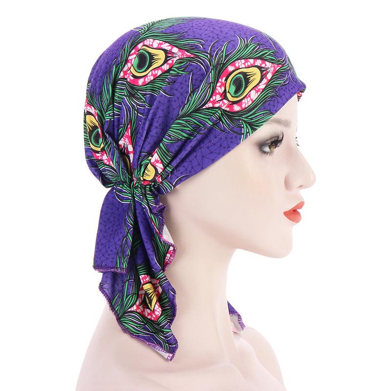 Woman Elastic Scarf Towel Hat Ladies Print Cashew Feather Cancer Chemotherapy Hat Bag Head Cap
