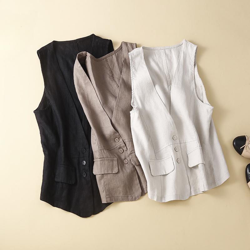 5-цветный хлопковый и льняной жилет без рукавов с v-образным вырезом, повседневный жилет без рукавов, тонкая верхняя одежда, жилет, женская куртка