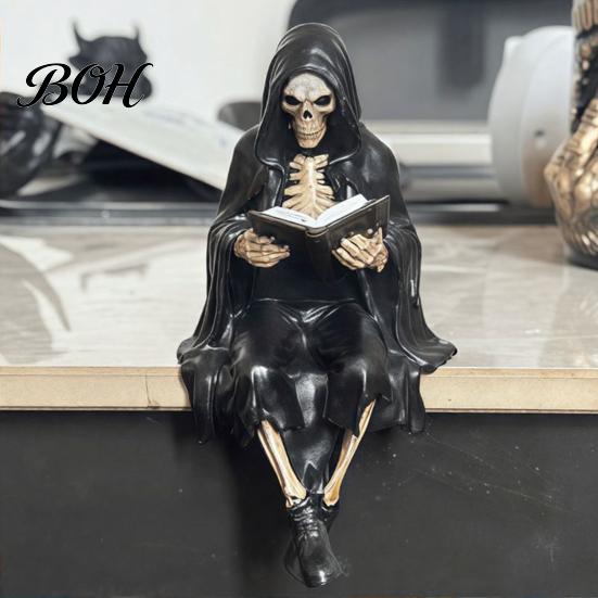 Skeleton Desktop Decor Halloween Reading Book Figurine, Spooky Devil Resin Sculpture, Gothic Winged Sculpture Black Robe Grim Reaper Statue