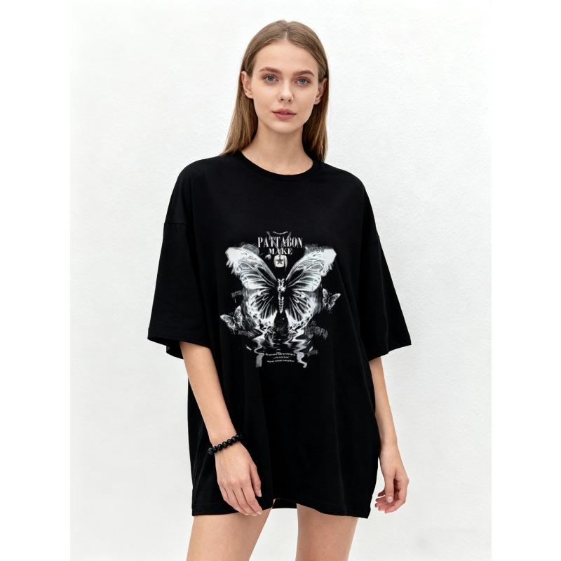 Oversized T Shirt Black Butterfly Print With PACTAGON PARK Text Casual Streetwear Fashion Women Summer Top