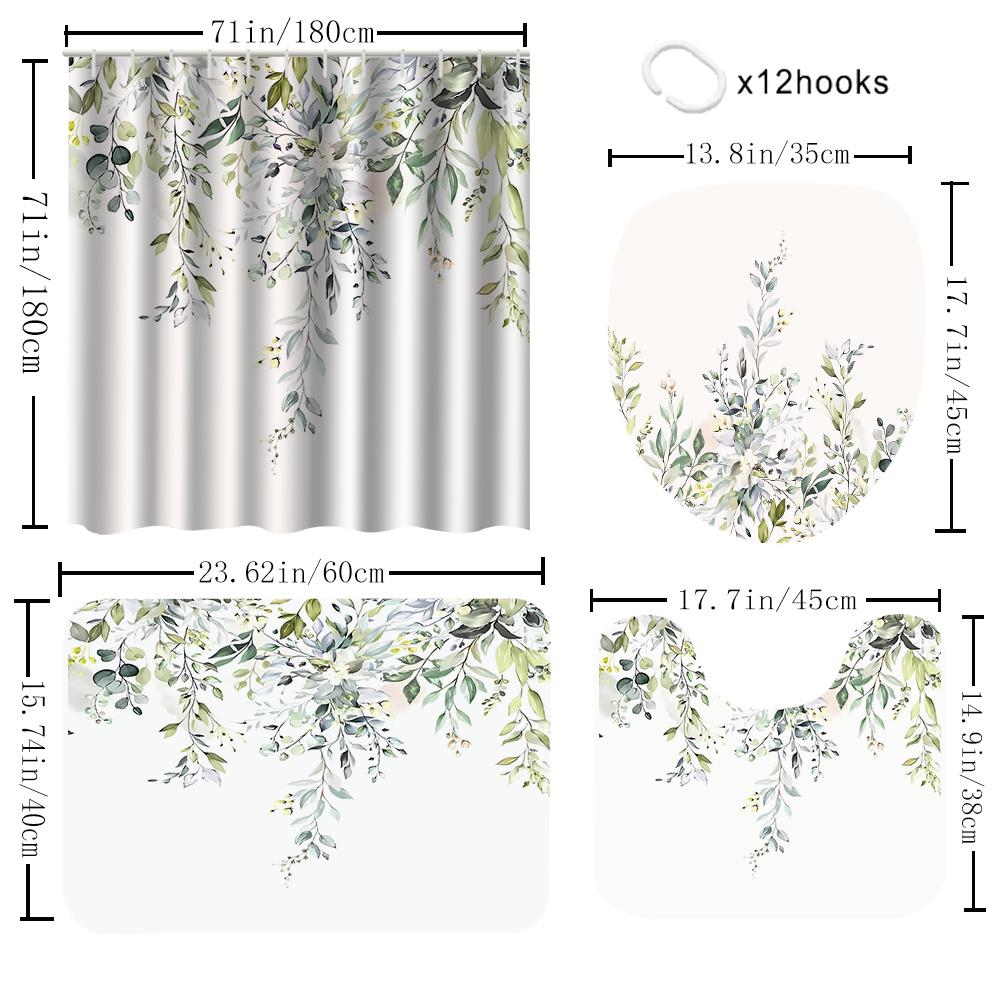 1/4 Зеленые Листья Шторки для Душа, Декор Сиденья для Унитаза, Шторка для Душа с Ковриком и Крышкой для Унитаза, 12 Крючков 70,8X70,8 Дюймов