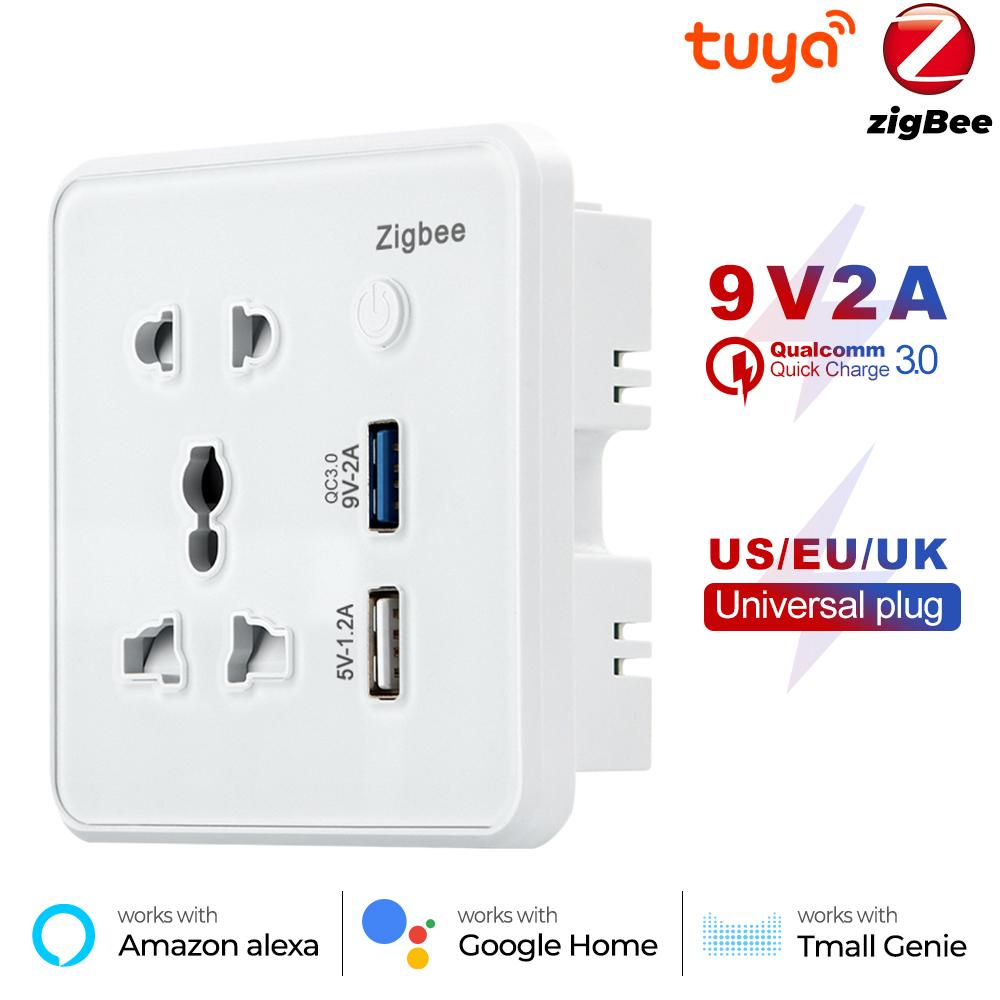 Настенная умная розетка Tuya Zigbee для США, ЕС, Великобритании, вилка из закаленного стекла, зарядное устройство 3,0, USB-зарядка, приложение для синхронизации времени, электрическое для Google Home Alexa