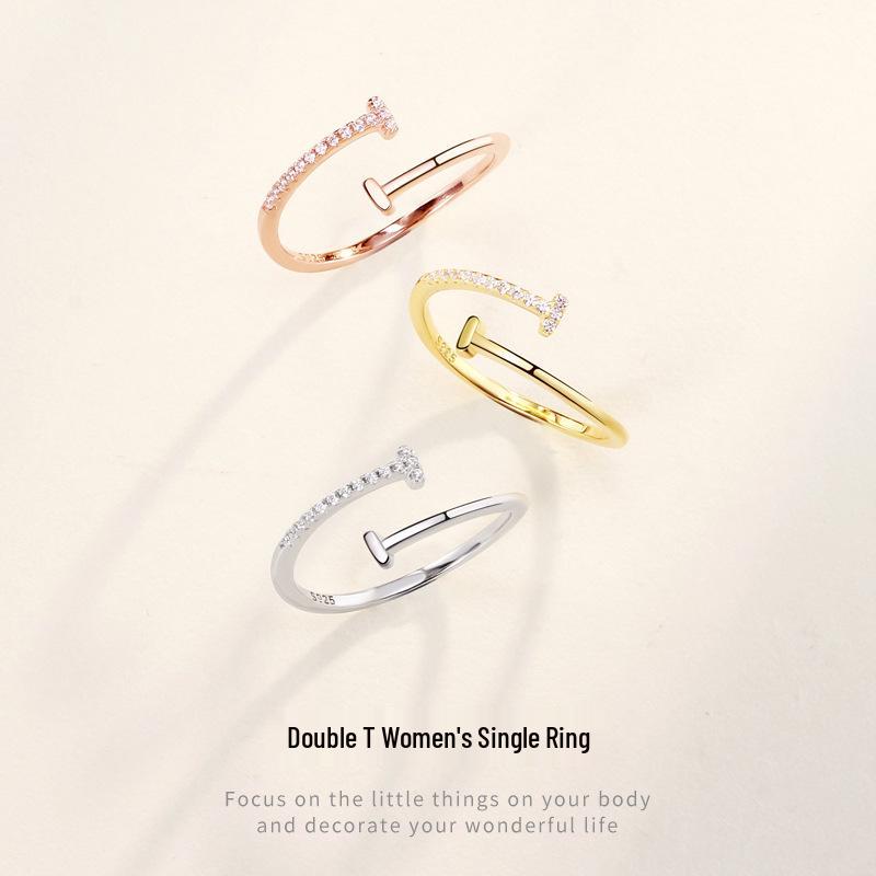 Серебряное кольцо S925 с двойной буквой Т, открытое, для женщин - Корейский стиль, Минималистичное, Ощущение роскоши, Нишевый дизайн.