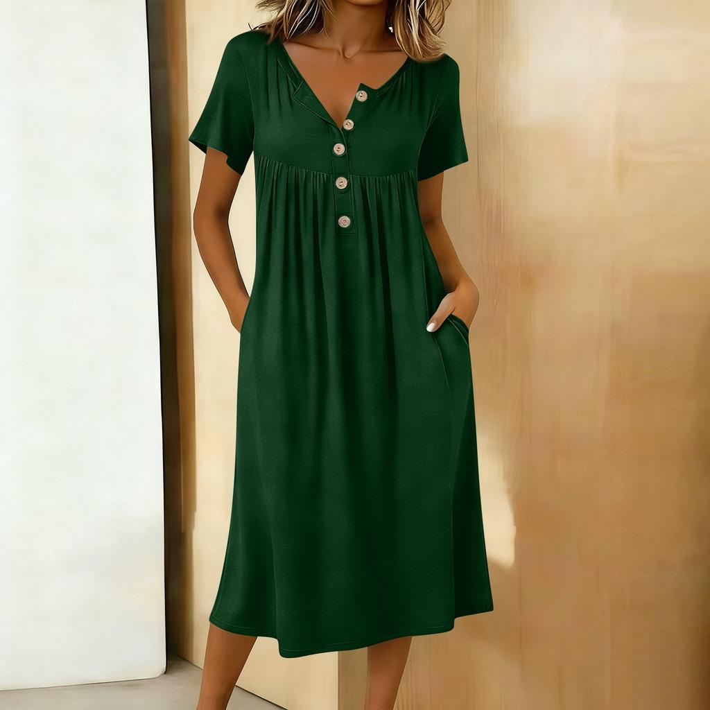 Женское модное цветное платье миди с круглым вырезом, короткими рукавами и застежкой на пуговицы у горловины