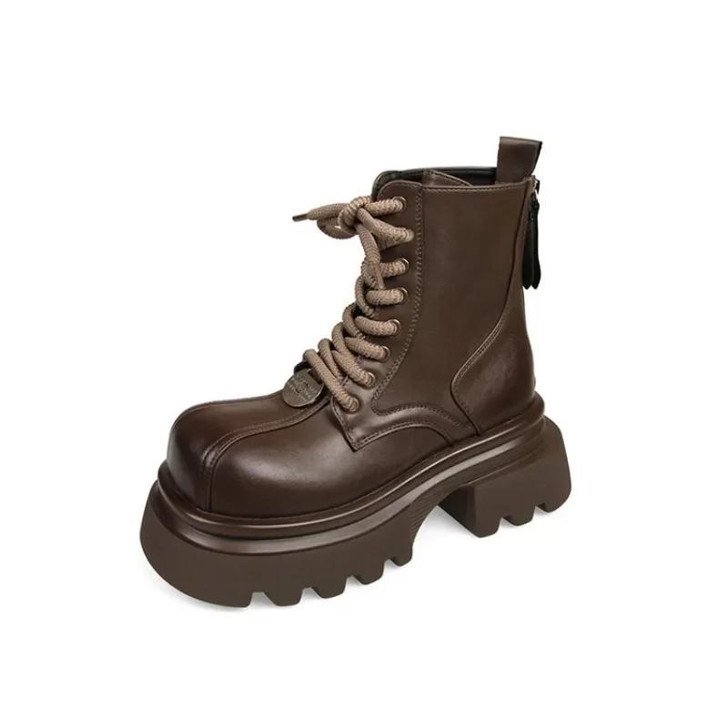 Мода 2024 года, новые туфли, женские ботинки на шнуровке, женские зимние ботинки в римском стиле с круглым носком, короткие, на платформе, с толстым каблуком, на молнии, модные ботинки