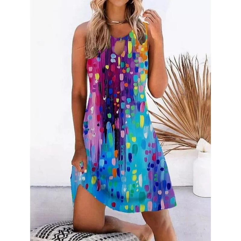 VEZFAA Женская мода лето весна цветочный узор печати без рукавов с круглым вырезом свободная талия повседневные платья