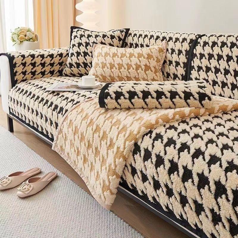 2023 Winter Houndstooth Plush Sofa Cushion Cover – Thick, Non-slip, Universal Pastoral Style