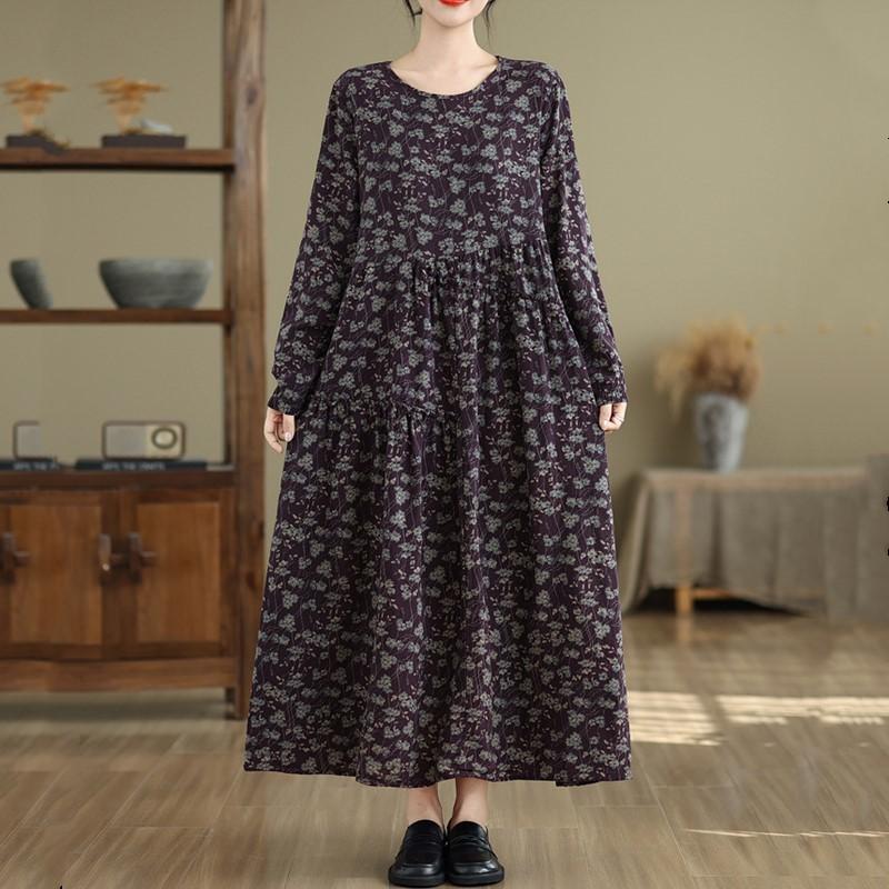 Длинный рукав Большие размеры Хлопок Лен винтажные цветочные новинки в платьях для женщин повседневное свободное платье весна-осень