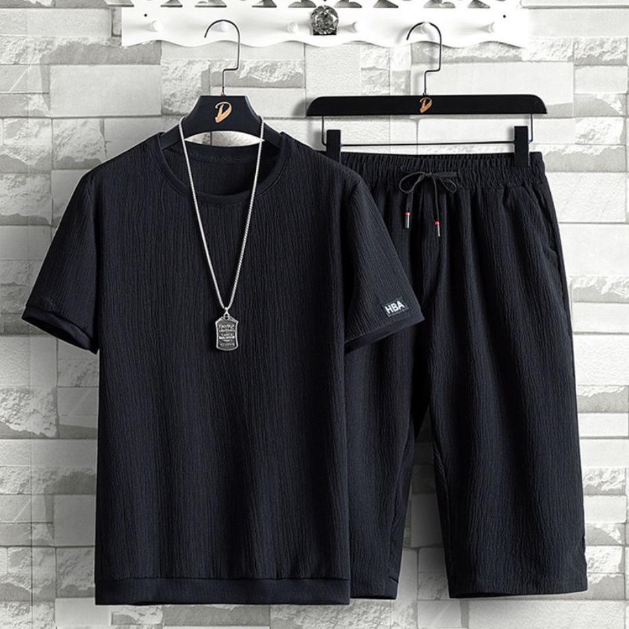Men's Summer Ice Silk Two-Piece Set: Short-Sleeve Shirt and Cropped Pants, Loose Fit, Casual Sports Style, Large Size Available.