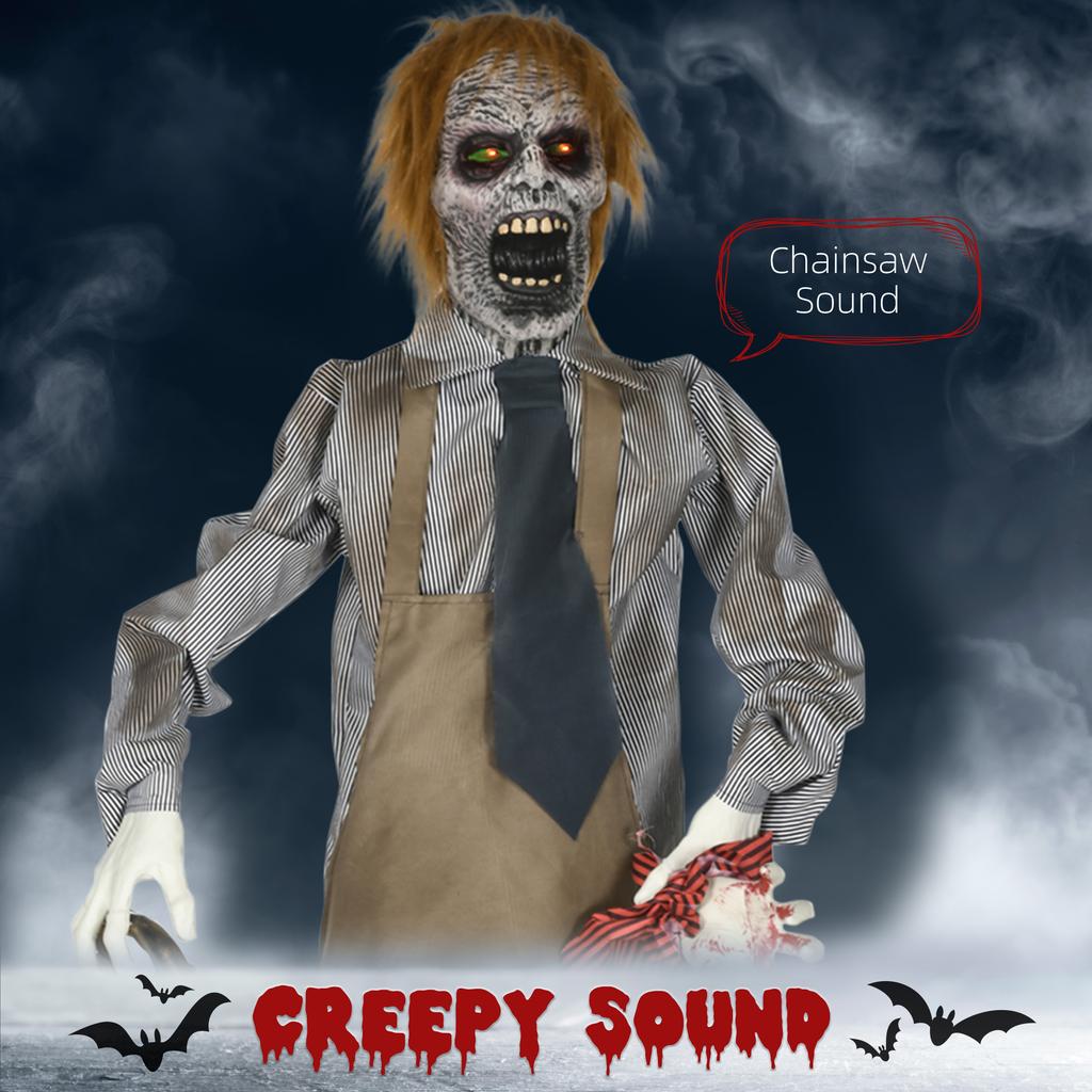 5.5ft Life Size Halloween Animatronic Standing Chainsaw Killer, with Light Up Eyes, Sound Activated Moving Body, Scary Halloween Decorations