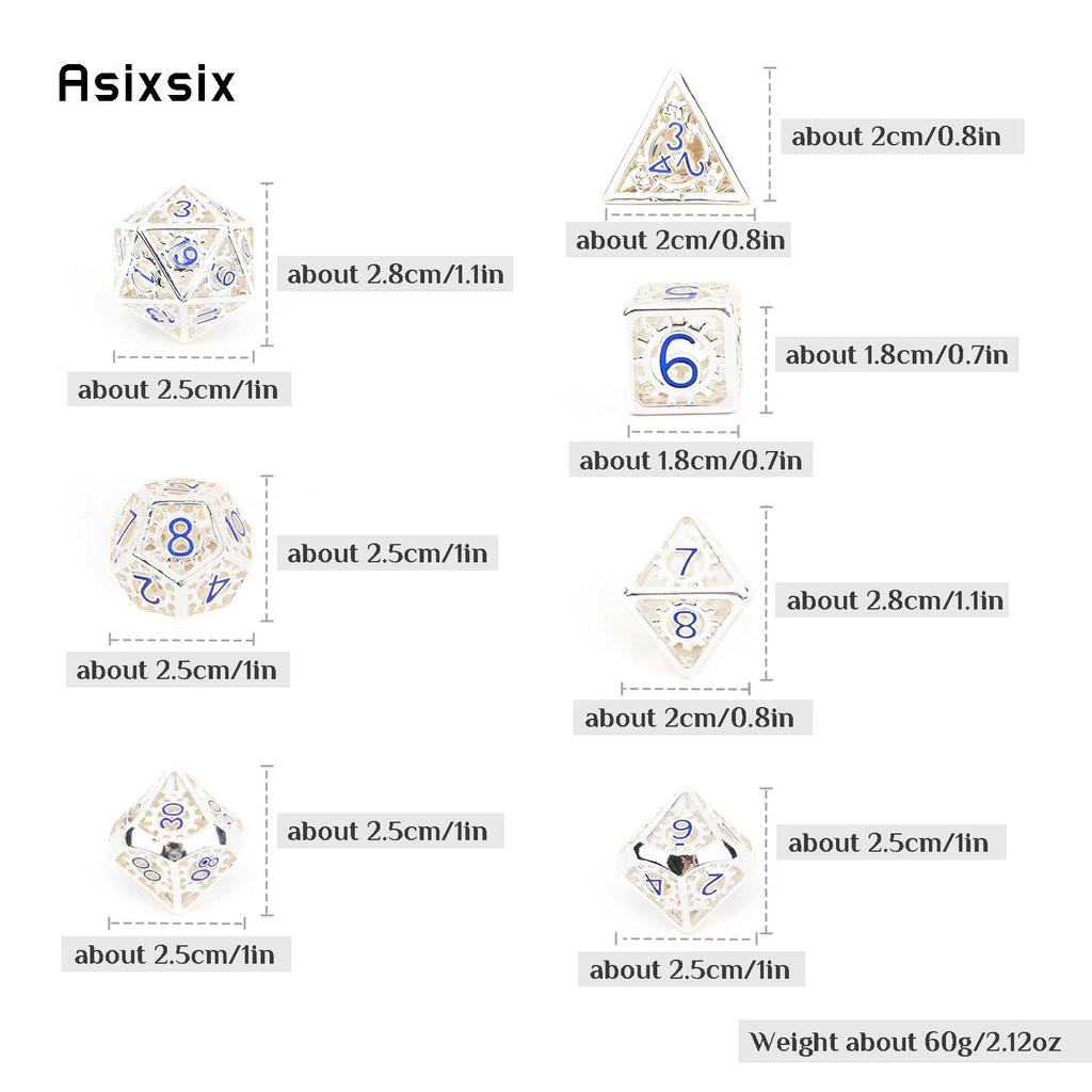 7 Pcs White Blue Gear Wheel Metal Dice Hollow Metal Polyhedral Dice Set Suitable for Role-Playing RPG Board Game Card Game