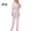 Женский комплект пижамы из 2 предметов из шелкового атласа, топ с пуговицами на лацканах и брюки, свободная рубашка в полоску и брюки с эластичным поясом, одежда для отдыха