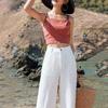 Summer Womens Pants Cotton Linen Waist Colors Wide Leg Trousers Female Street Style