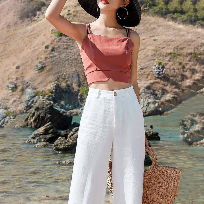 Summer Womens Pants Cotton Linen Waist Colors Wide Leg Trousers Female Street Style