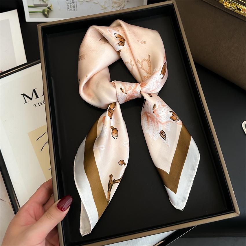 Magnolia Silk Scarf Women'S Scarf Imitation Silk Small Square Scarf Sweet Printed Scarf Shawl Versatile Sun Protection