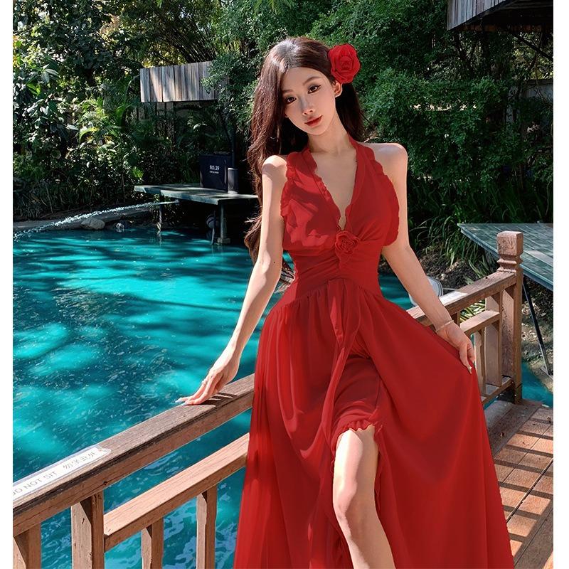 Sexy Backless Neck Dress Women's Summer Vacation Gentle Long Dress French Split Waist Skirt