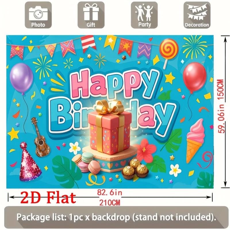 Vibrant Cheerful Balloon-and-Gift-Themed Happy Birthday Banner Backdrop with Colorful Bunting, Confetti, Ice Cream, Guitar and Party Hat