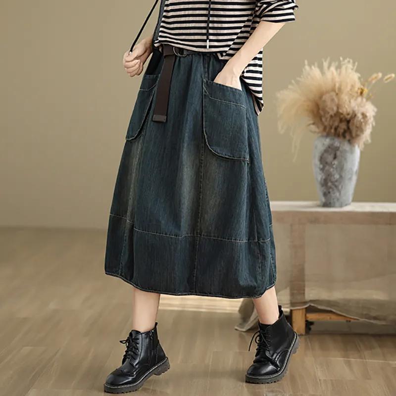 Свободная джинсовая юбка в стиле ретро, женская весенне-летняя повседневная юбка А-силуэта с эластичной резинкой на талии